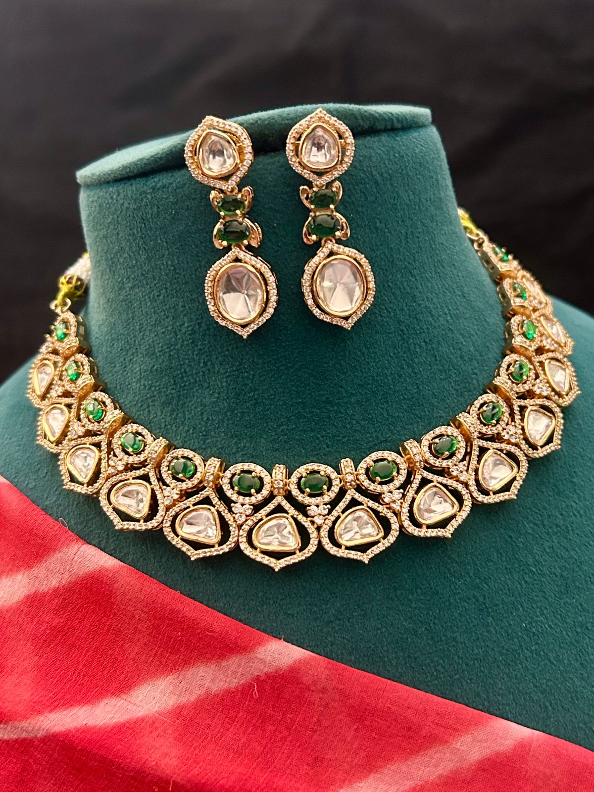 Emerald Green Kundan Choker Necklace Set with Earrings – Gold Finish